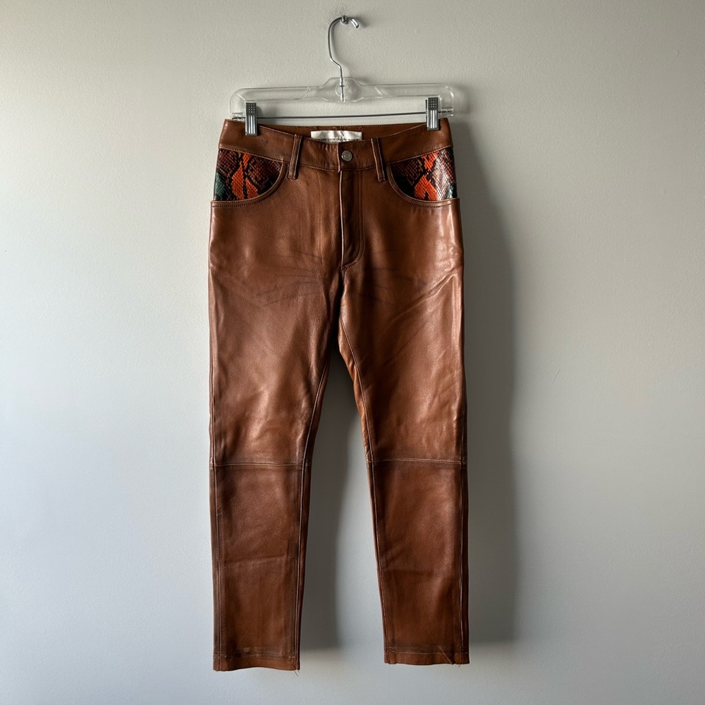 Golden Goose Brown Leather Pants with Red Snakeskin Pocket Accents